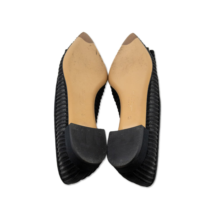 Salvatore Ferragamo Knit Mesh Pointed Toe Flats with Bow Accents