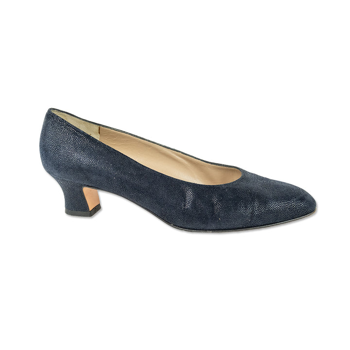 Salvatore Ferragamo Navy Embossed Suede Pump