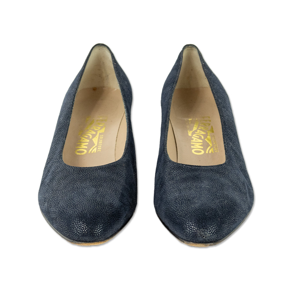 Salvatore Ferragamo Navy Embossed Suede Pump