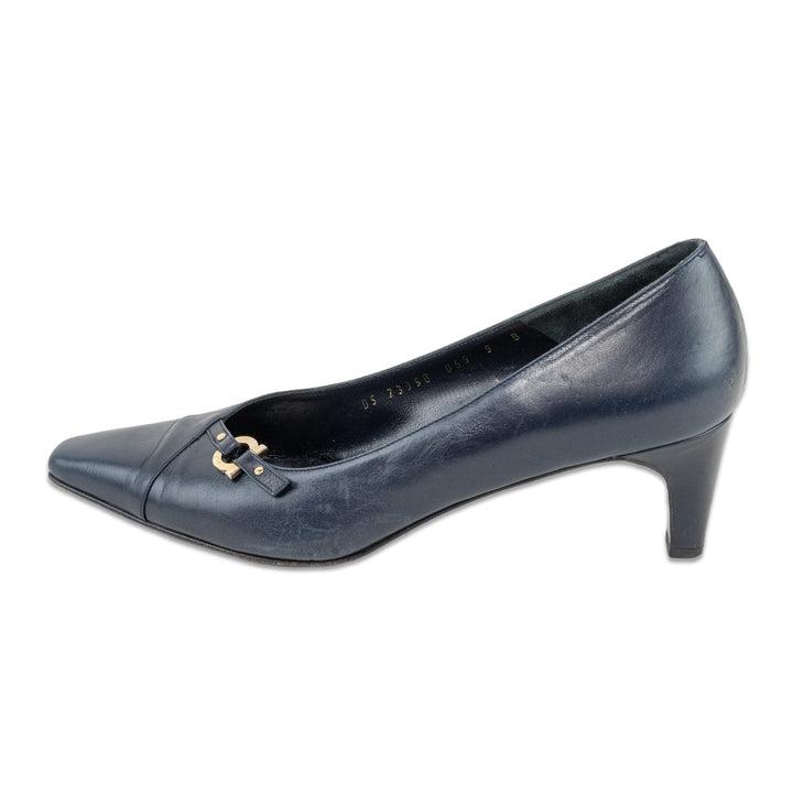 Salvatore Ferragamo Navy Leather Gold Gancini Pumps