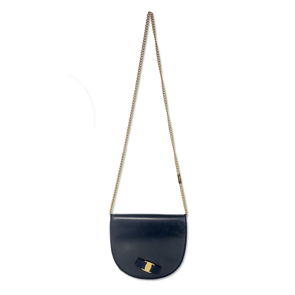 Salvatore Ferragamo Navy Vitello Vara Bow Crossbody Saddle Bag