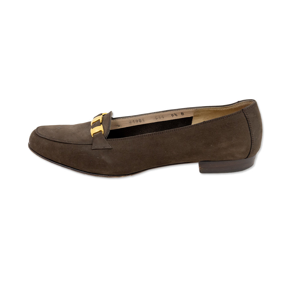 Salvatore Ferragamo Round Toe Brown Suede Flat