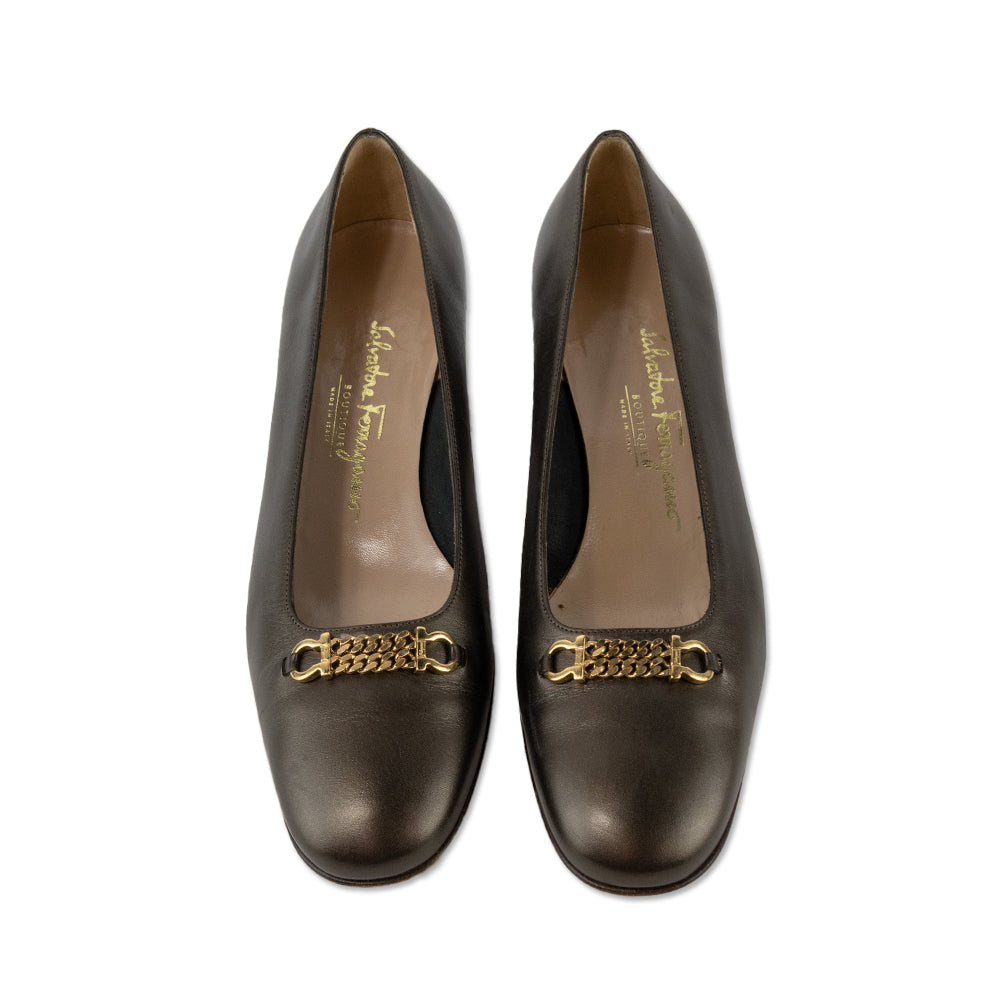 Salvatore Ferragamo Brown Leather Gold Chain Accented Loafers