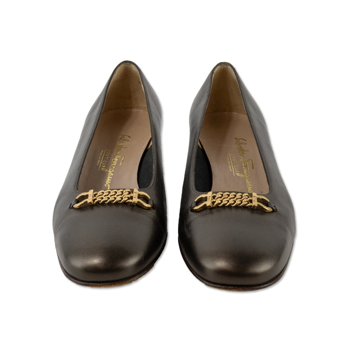 Salvatore Ferragamo Brown Leather Gold Chain Accented Loafers