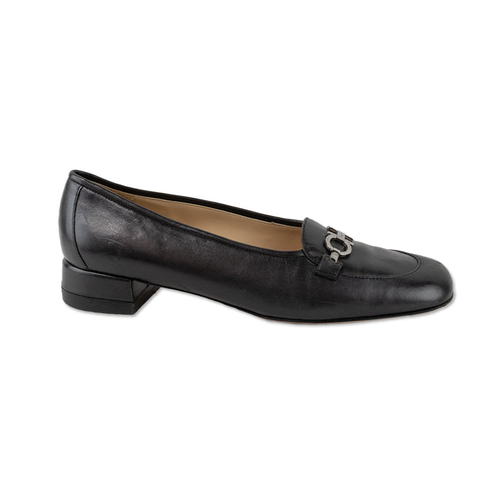 Salvatore Ferragamo Classic Black Leather Loafers with Silver Buckles