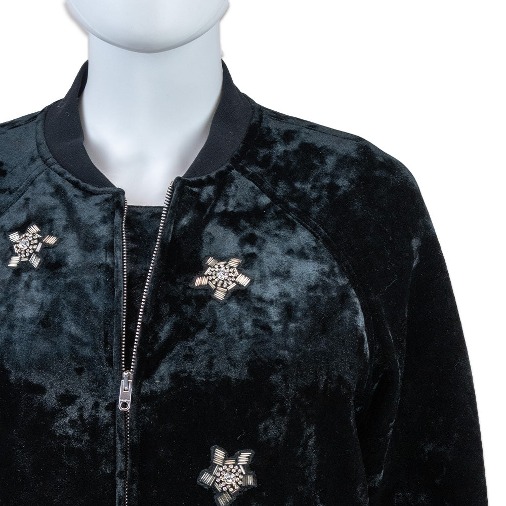 Sandro Briny Crystal Embellished Black Velvet Bomber Jacket