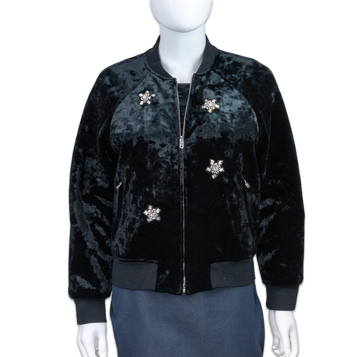 Sandro Briny Crystal Embellished Black Velvet Bomber Jacket