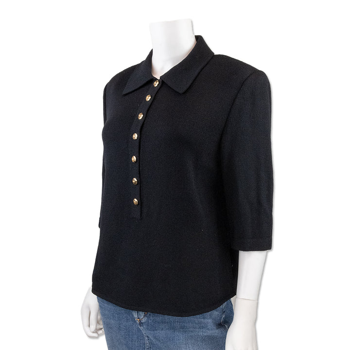 St. John Black Knit 3/4 Sleeve Collared Top with Gold Buttons