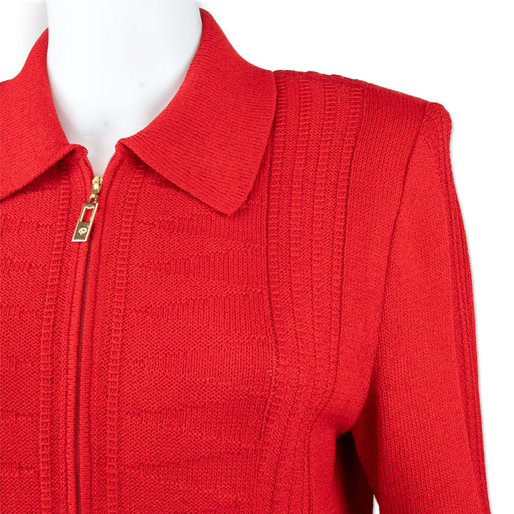 St. John Collection Red Collared Knit Zip Up Jacket