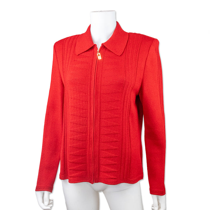 St. John Collection Red Collared Knit Zip Up Jacket