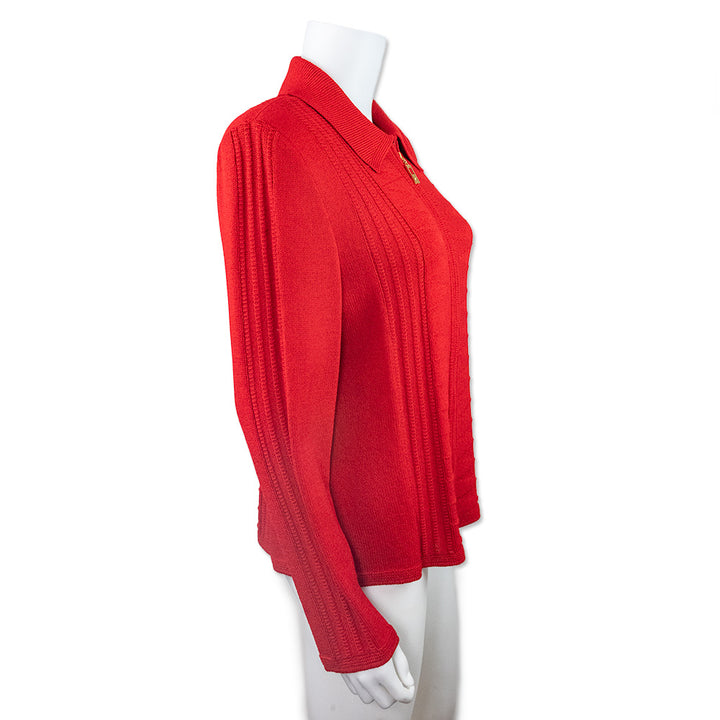 St. John Collection Red Collared Knit Zip Up Jacket