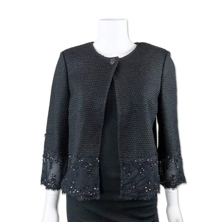 St. John Couture Black Knit Evening Jacket with Lace Trim