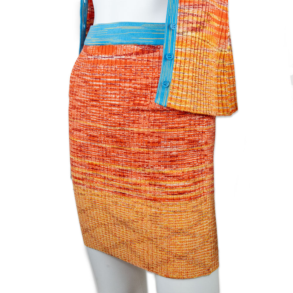 Staud Orange and Blue Ribbed Knit Midi Skirt