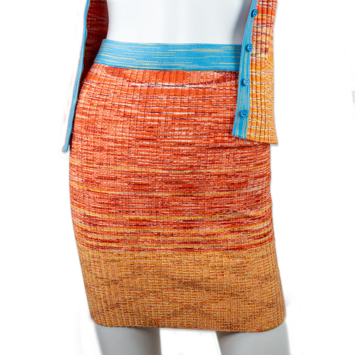 Staud Orange and Blue Ribbed Knit Midi Skirt