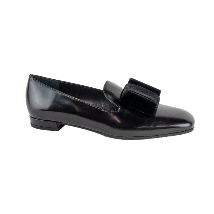 Stuart Weitzman Black Patent Leather Loafer with Velvet Bows