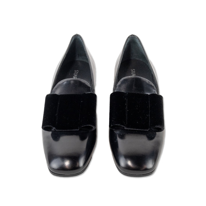 Stuart Weitzman Black Patent Leather Loafer with Velvet Bows