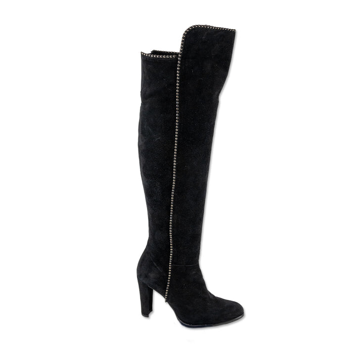 Stuart Weitzman Black Suede Knee High Boots with Silver Studs