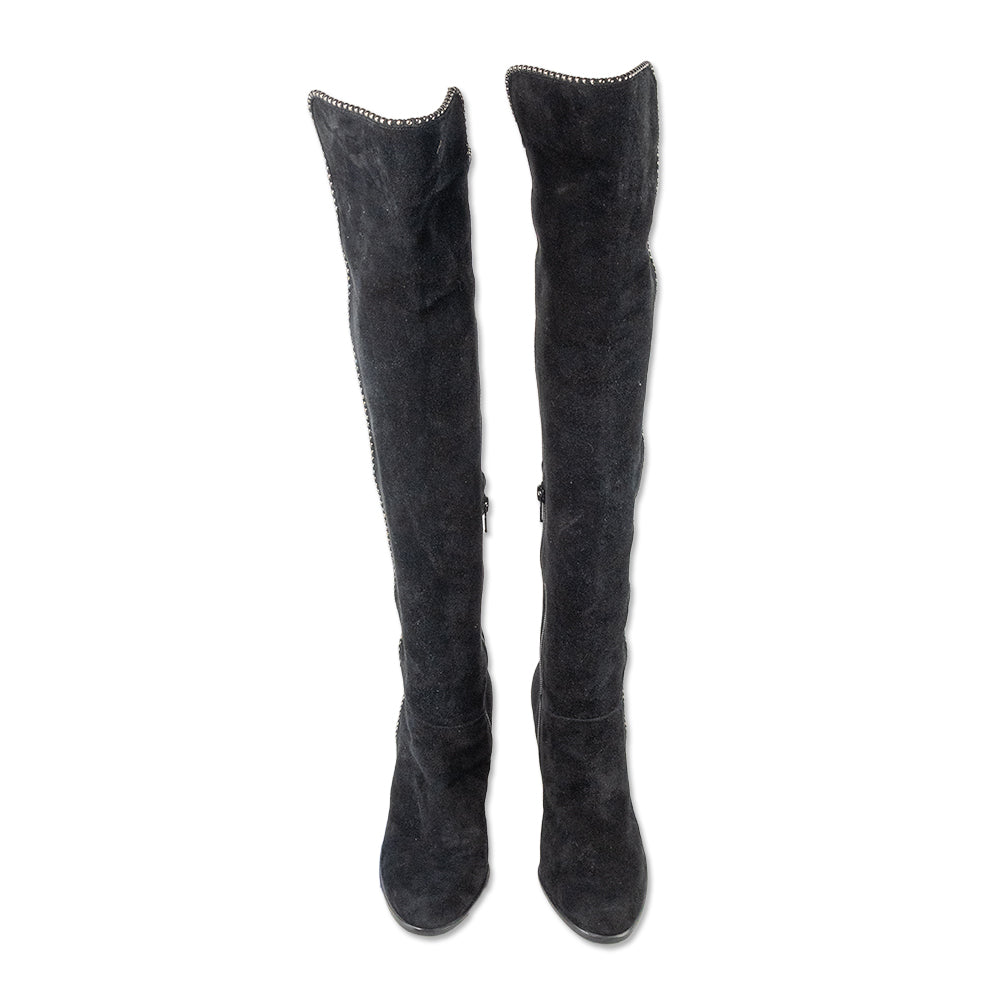 Stuart Weitzman Black Suede Knee High Boots with Silver Studs