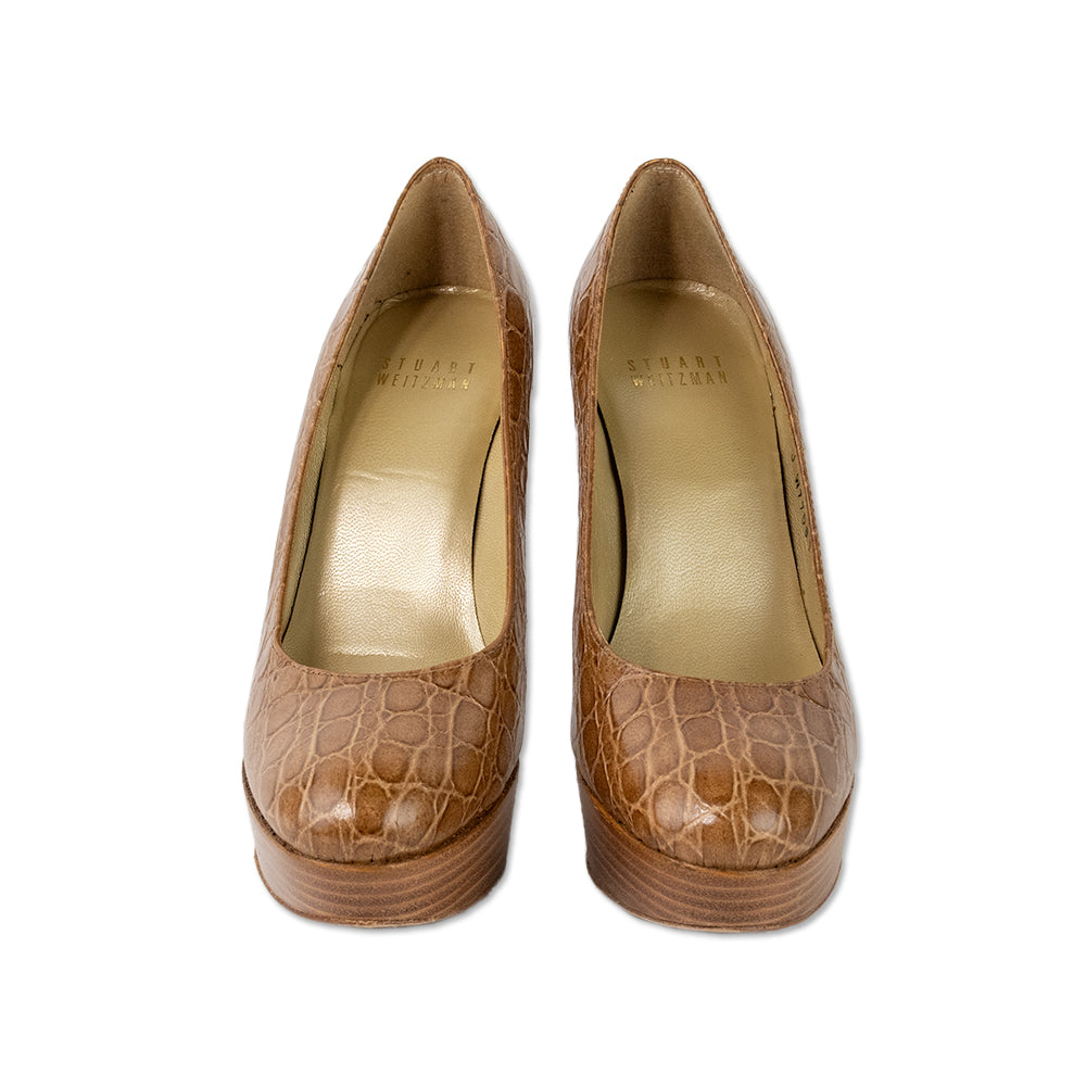 Stuart Weitzman Brown Embossed Leather Platform Pumps