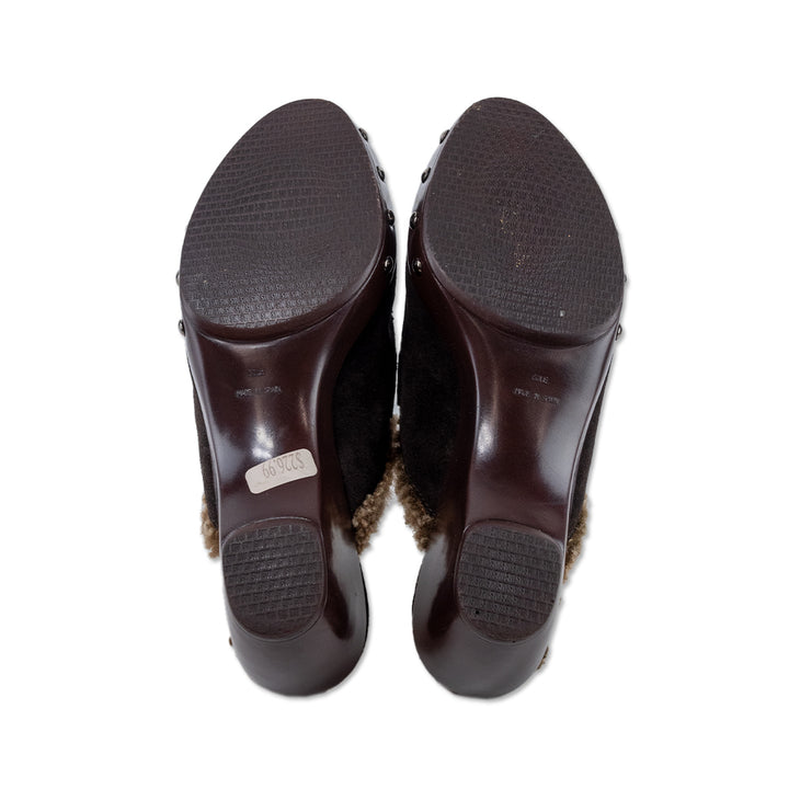 Stuart Weitzman Brown Suede Fur-Lined Wedge Clogs