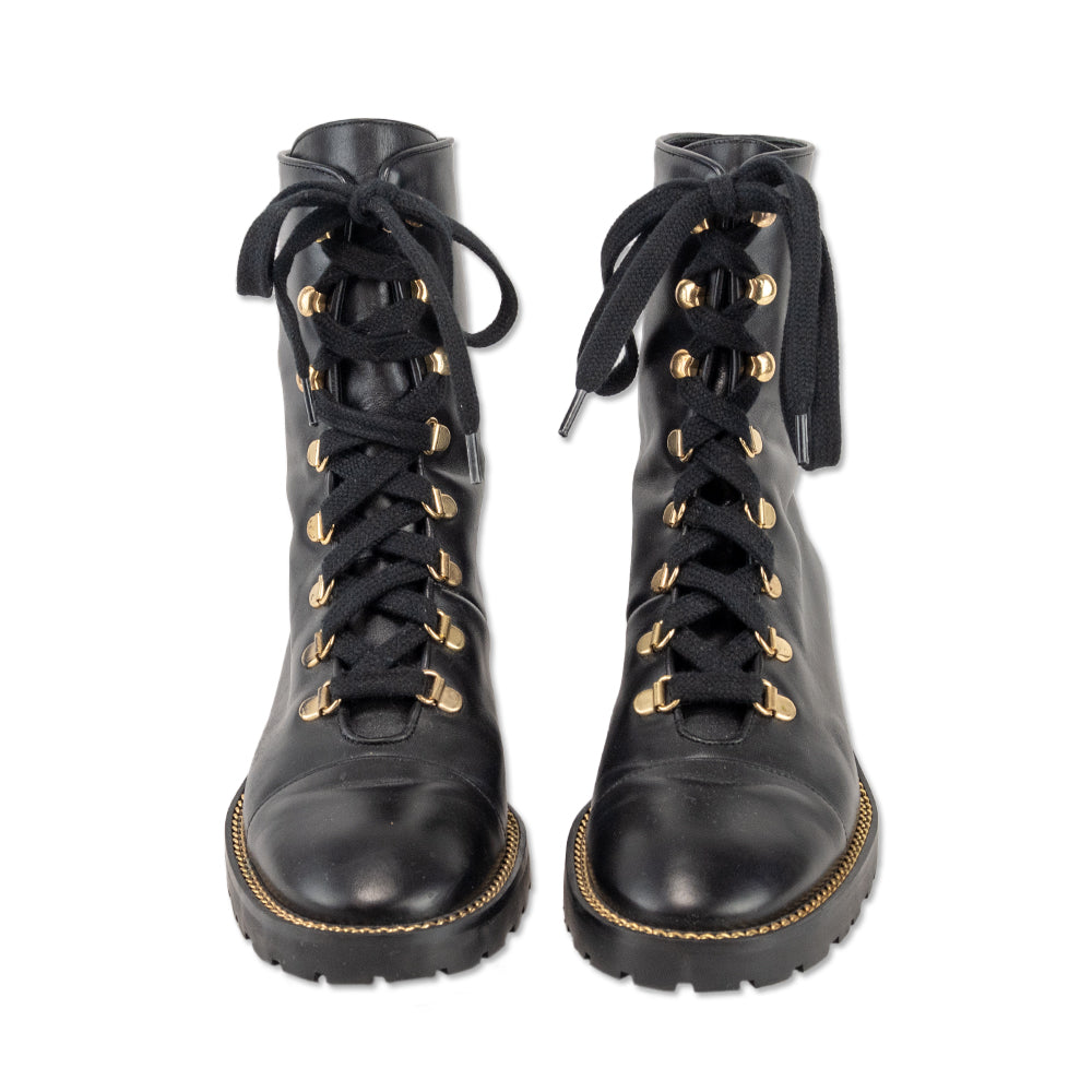 Stuart Weitzman Kolbie Black Leather Chain Combat Boots