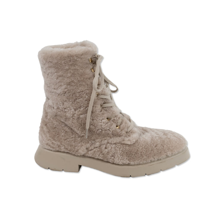 Stuart Weitzman Round Toe Gray Faux Fur Combat Boots