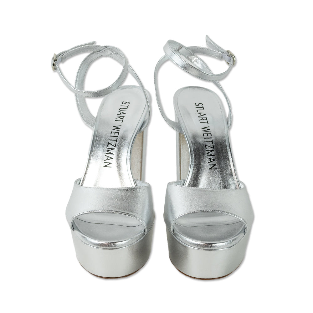 Stuart Weitzman Silver Leather Ankle Strap Platform Sandals