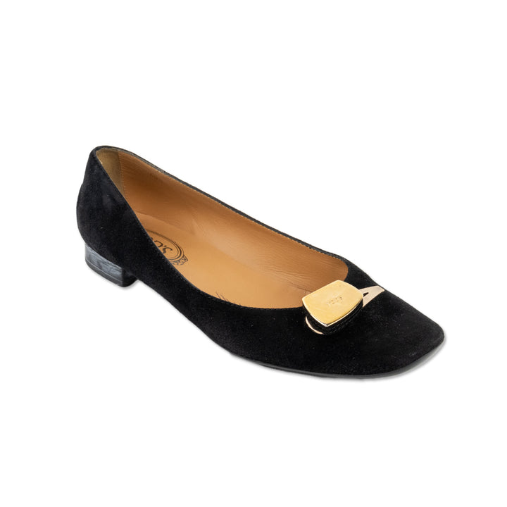 Tod
s Black Suede Flats with Gold Logo Buckle