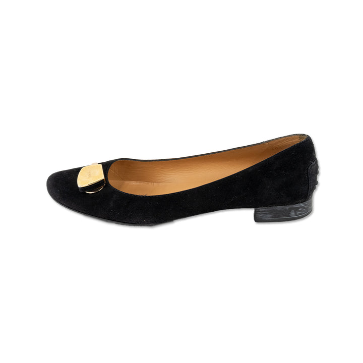 Tod
s Black Suede Flats with Gold Logo Buckle