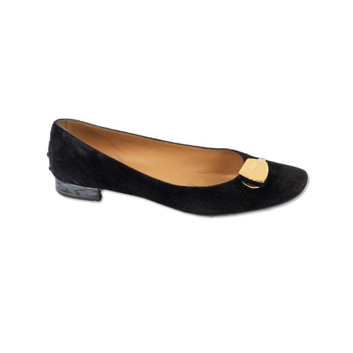 Tod
s Black Suede Flats with Gold Logo Buckle