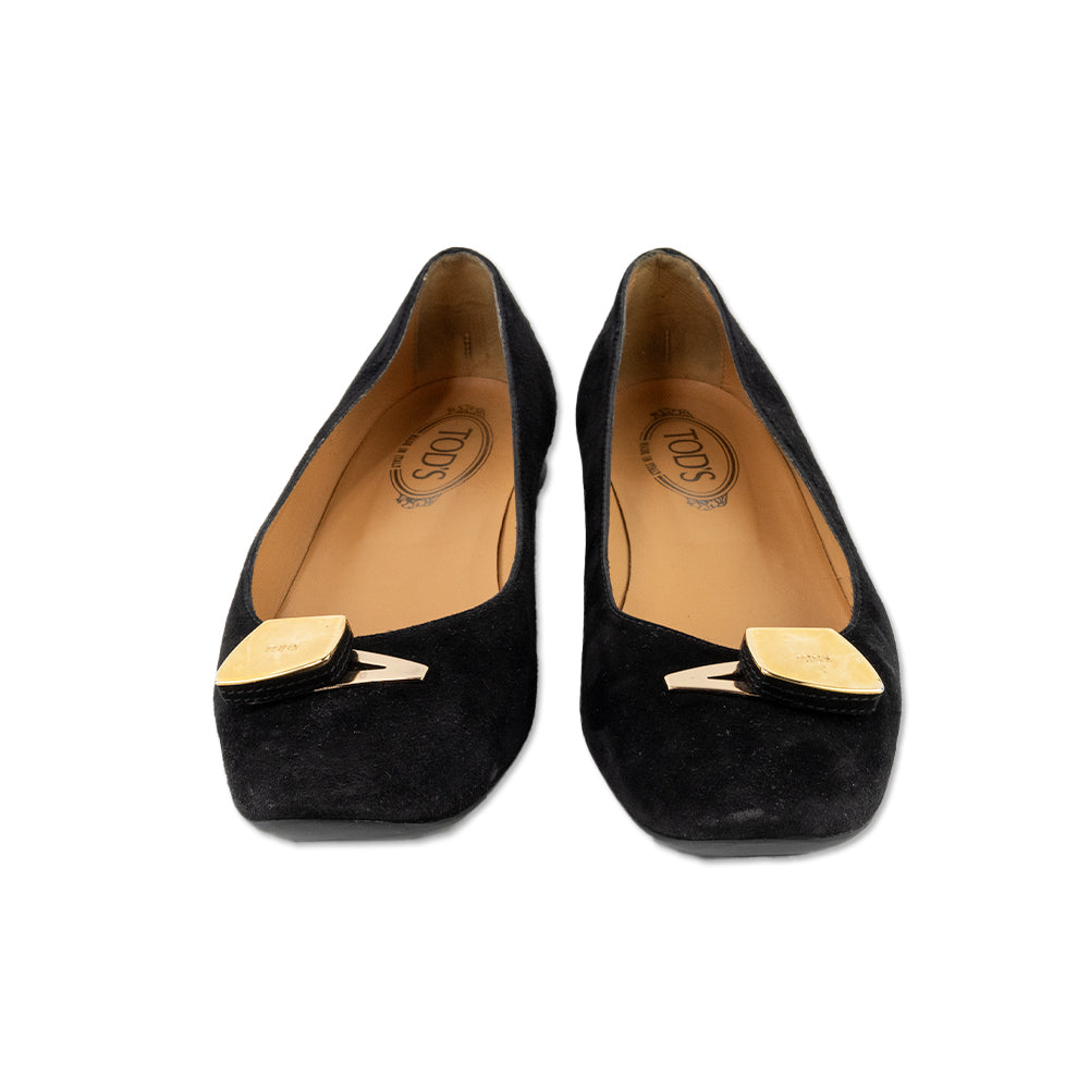 Tod
s Black Suede Flats with Gold Logo Buckle