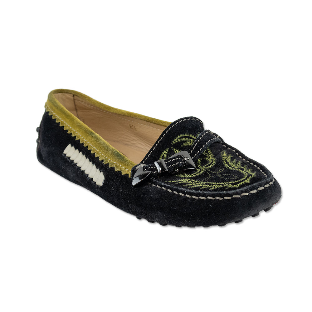 Tod
s Black Suede Yellow Trim Embroidered Driver Loafers