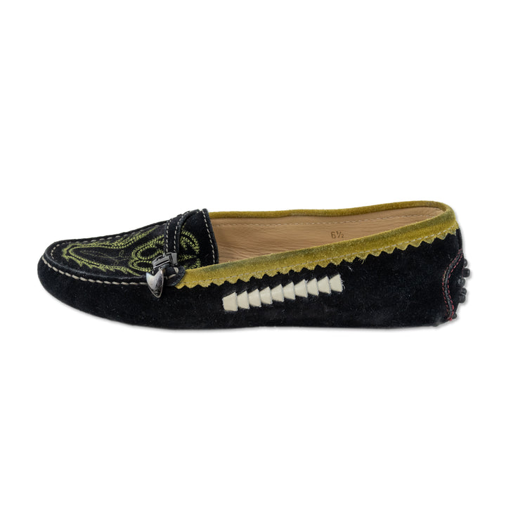 Tod
s Black Suede Yellow Trim Embroidered Driver Loafers