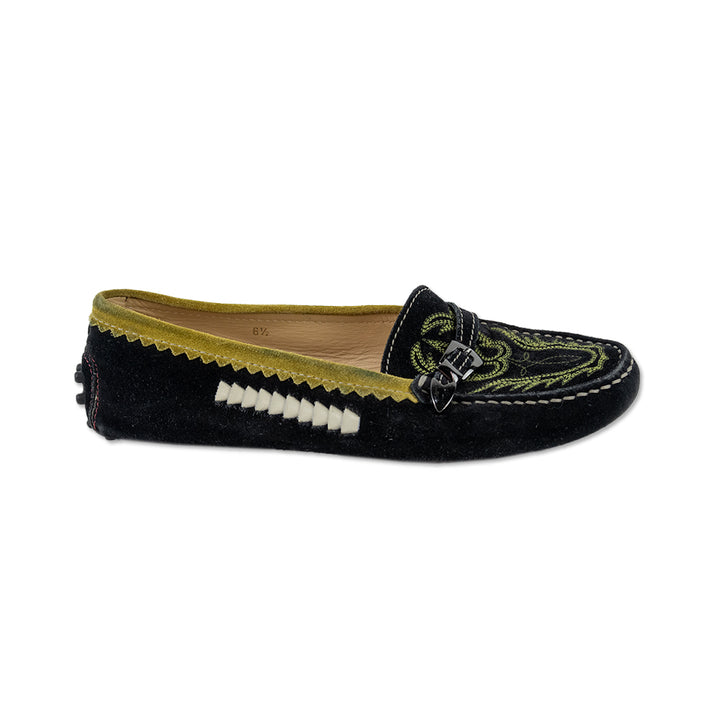 Tod
s Black Suede Yellow Trim Embroidered Driver Loafers