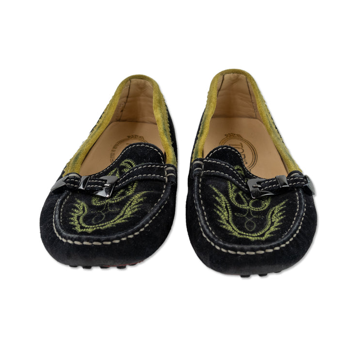 Tod
s Black Suede Yellow Trim Embroidered Driver Loafers