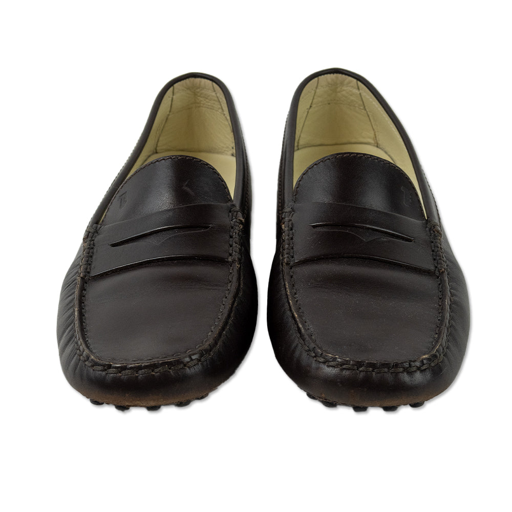 Tod
s Brown Leather Round Toe Penny Loafers