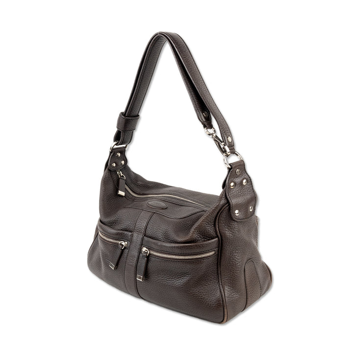 Tod
s Brown Leather Shoulder Bag with Silver Hardware