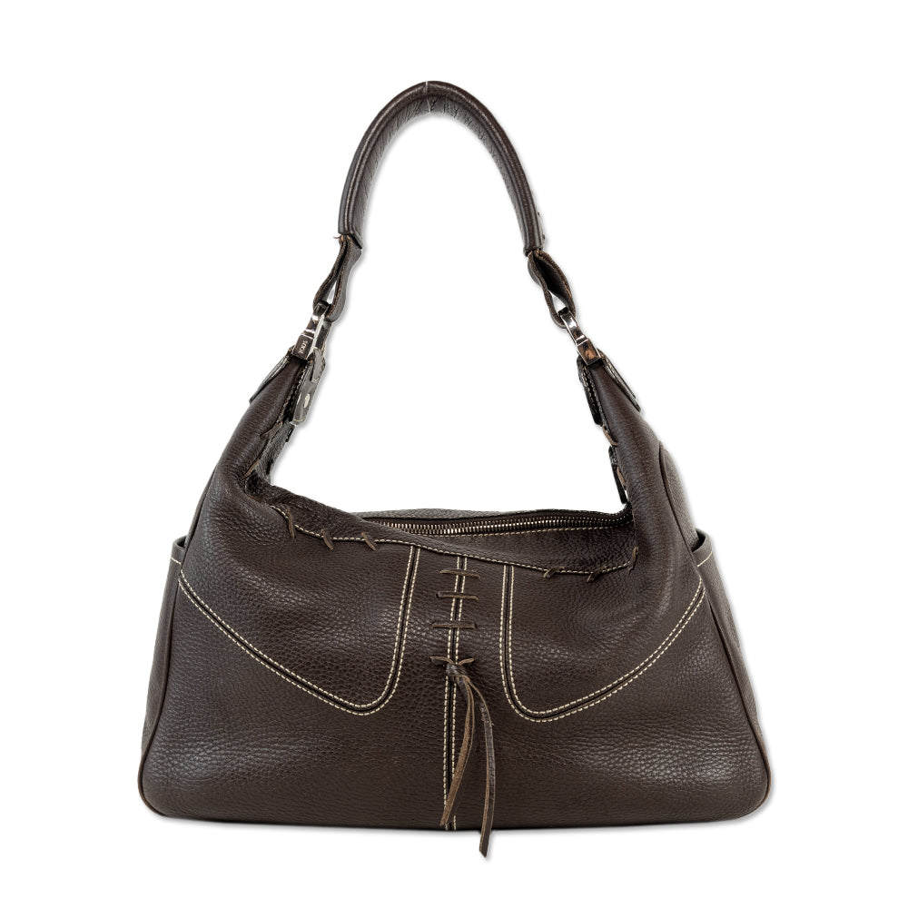 Tod
s Brown Leather Stitch Accent Shoulder Bag