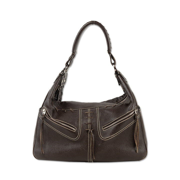 Tod
s Brown Leather Stitch Accent Shoulder Bag