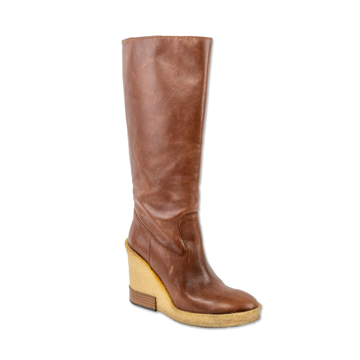 Tod
s Brown Leather Wedge Below the Knee Boots