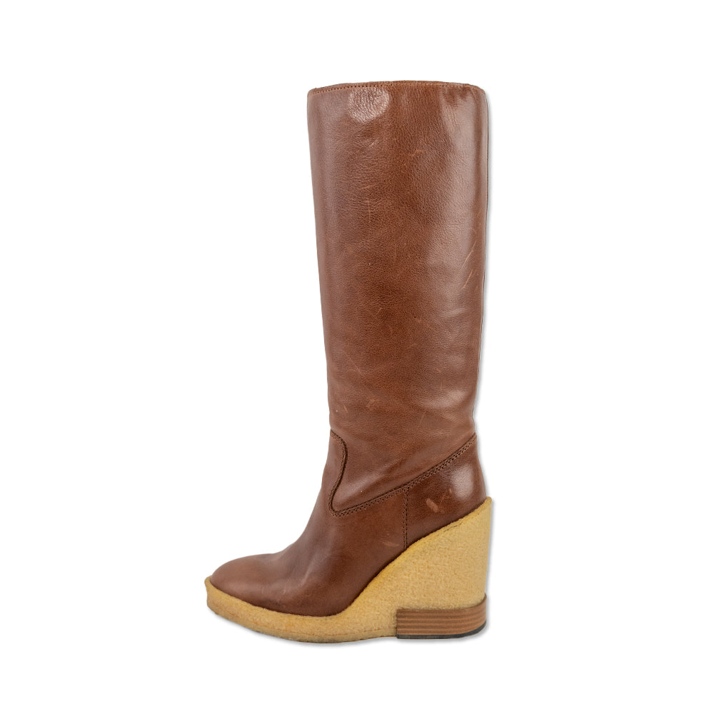 Tod
s Brown Leather Wedge Below the Knee Boots