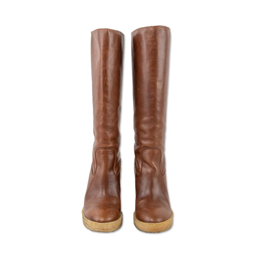 Tod
s Brown Leather Wedge Below the Knee Boots