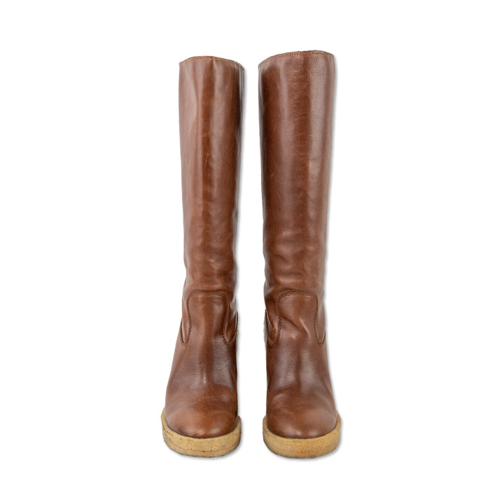 Tod
s Brown Leather Wedge Below the Knee Boots