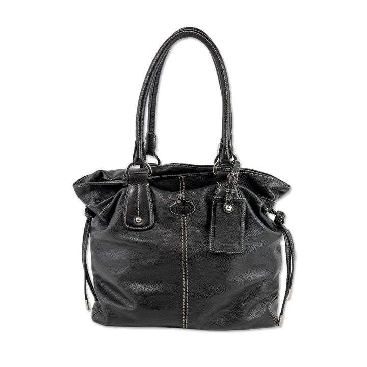 Tod
s Drawstring Black Leather Handbag with Top Handle