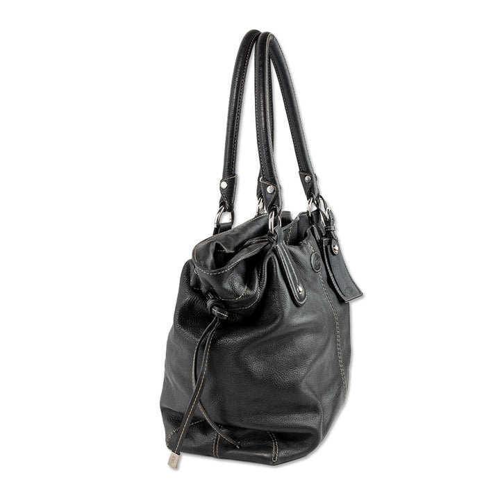 Tod
s Drawstring Black Leather Handbag with Top Handle