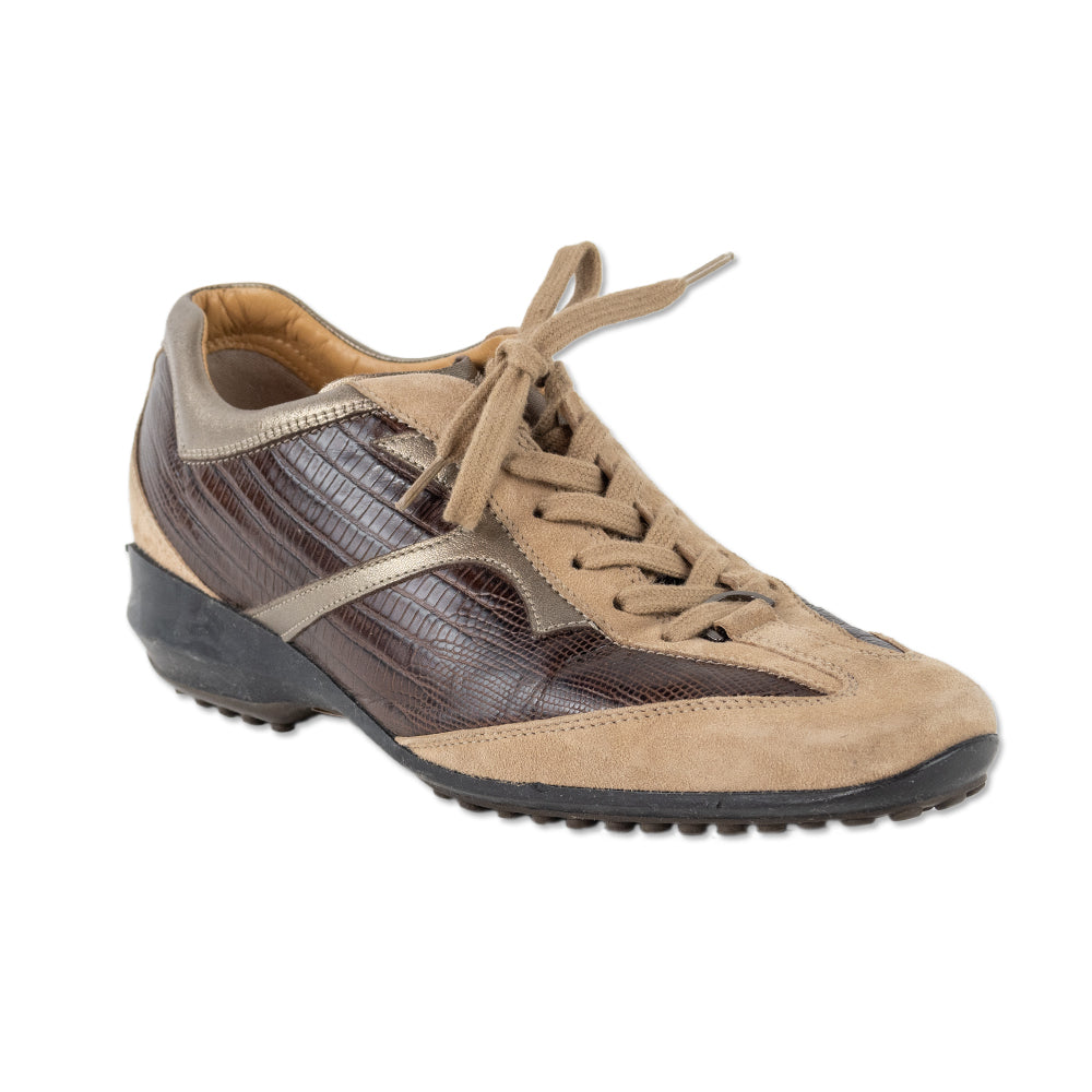 Tod
s Tan Suede Brown Croc Embossed Leather Driving Sneaker