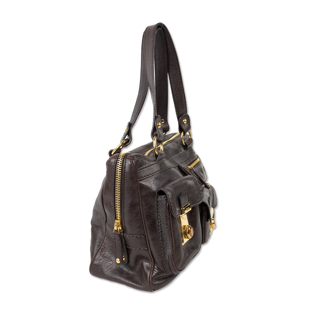 Tods Brown Leather Pocket Accent Bag with Gold Hardware