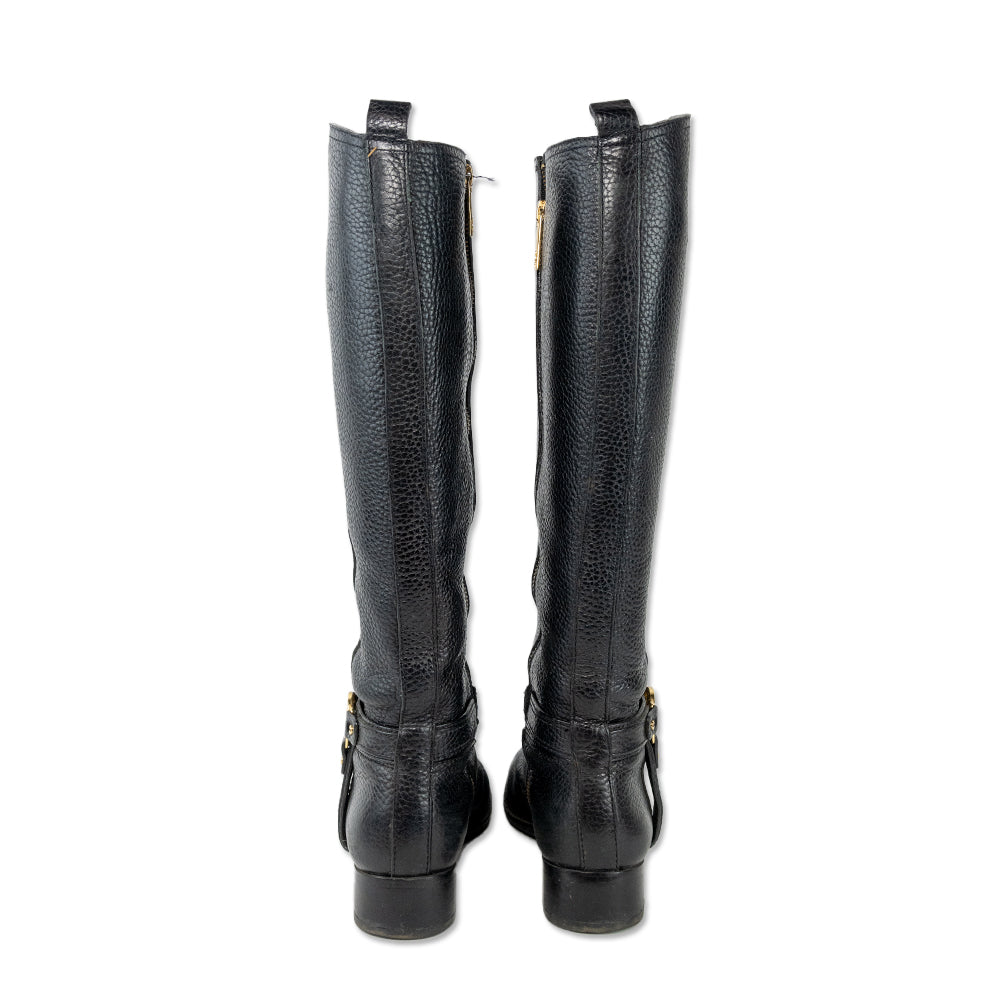 Tory Burch Black Leather Riding Boots with Gold Buckle