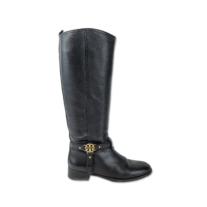 Tory Burch Black Leather Riding Boots with Gold Buckle