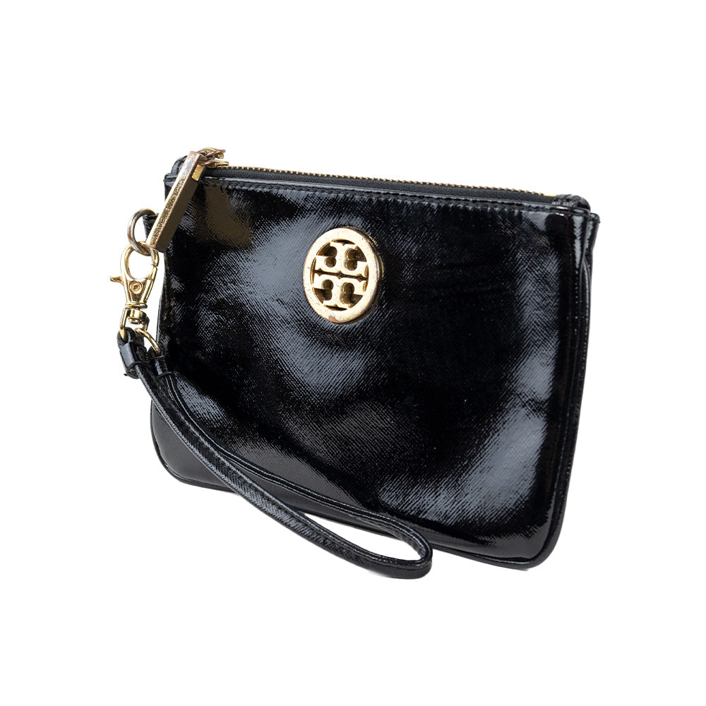 Tory Burch Black Patent Leather Pouch with Gold Hardware